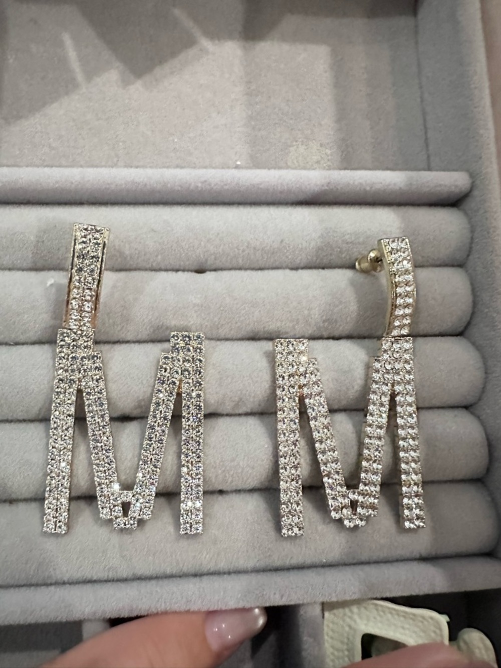 Rhinestone Initial M Drop Earrings - Silver Tone